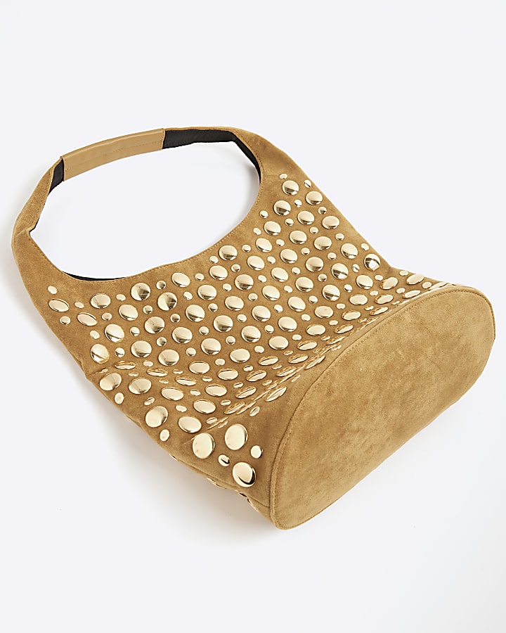 Brown Faux Suede Studded Bucket Shoulder Bag