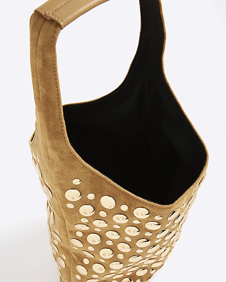 Brown Faux Suede Studded Bucket Shoulder Bag