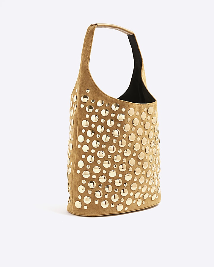 Brown Faux Suede Studded Bucket Shoulder Bag