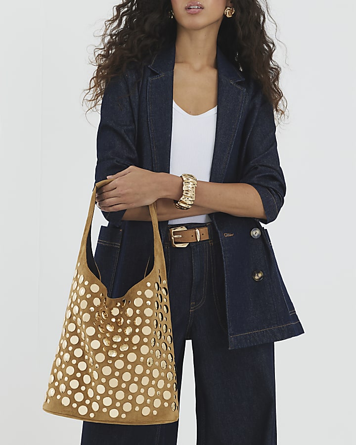 Brown Faux Suede Studded Bucket Shoulder Bag