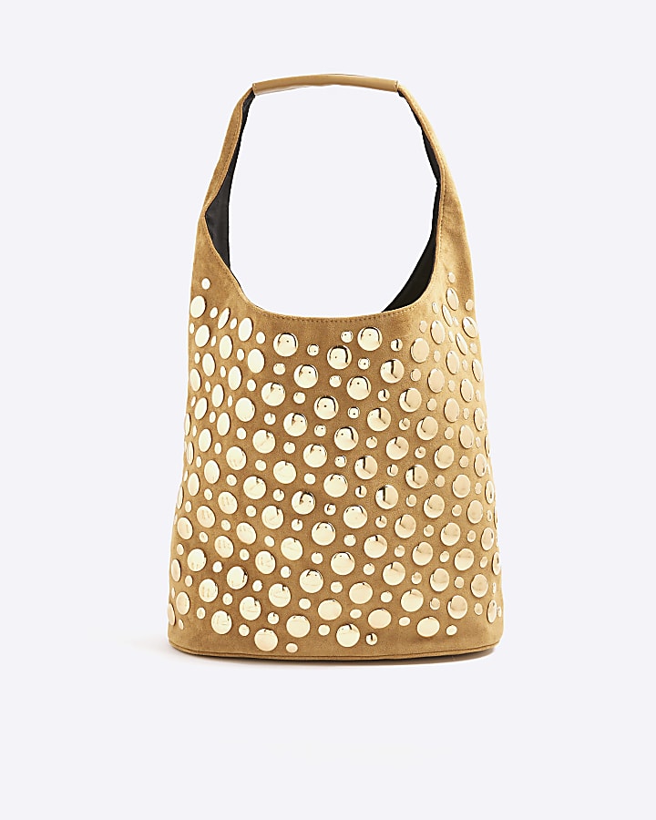 Brown Faux Suede Studded Bucket Shoulder Bag
