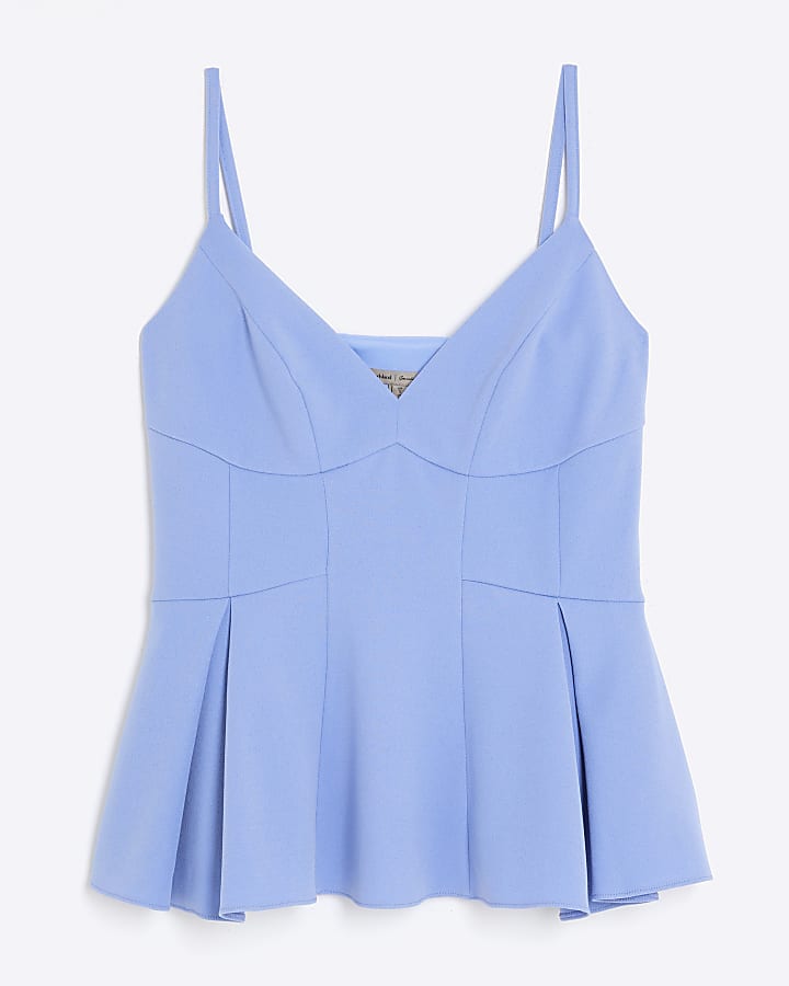 Blue Sleeveless Peplum Plunge Top