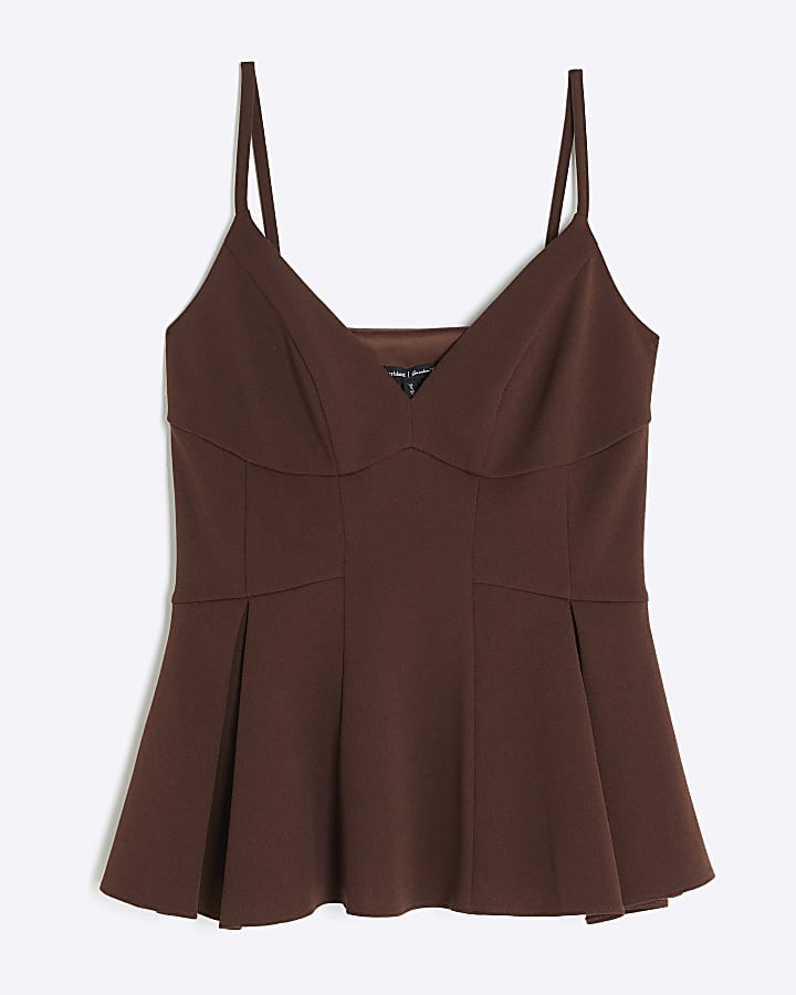 Brown Sleeveless Peplum Plunge Top
