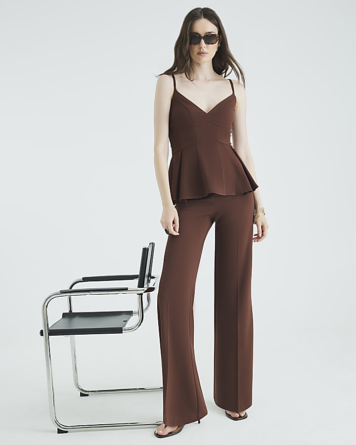 Brown Sleeveless Peplum Plunge Top