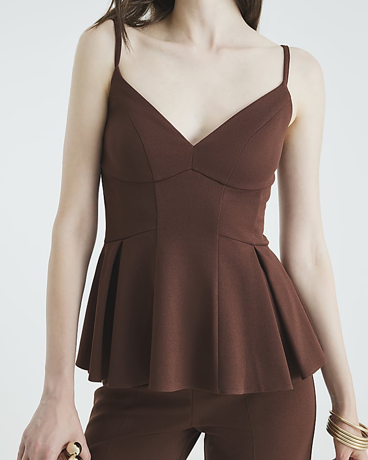 Brown Sleeveless Peplum Plunge Top