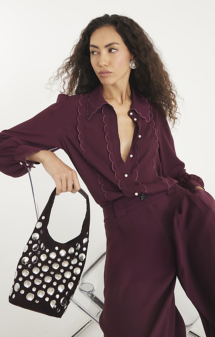 Red Scallop Trim Chiffon Shirt