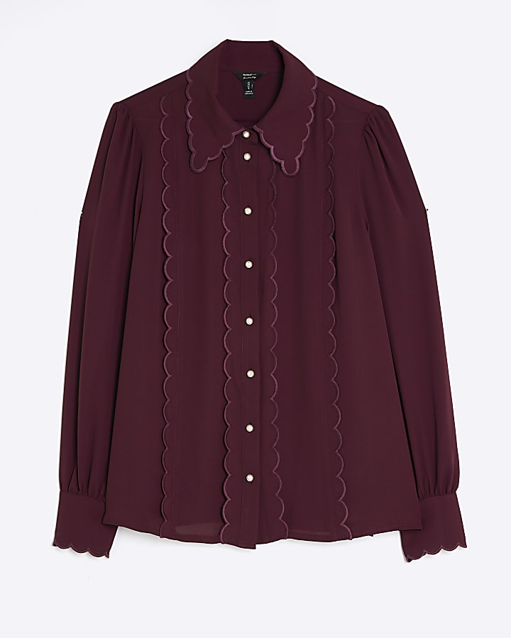 Red Scallop Trim Chiffon Shirt