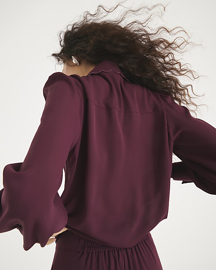 Red Scallop Trim Chiffon Shirt