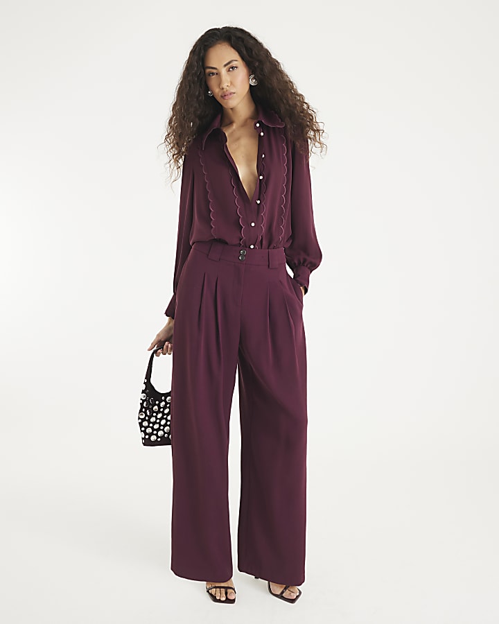 Red Scallop Trim Chiffon Shirt
