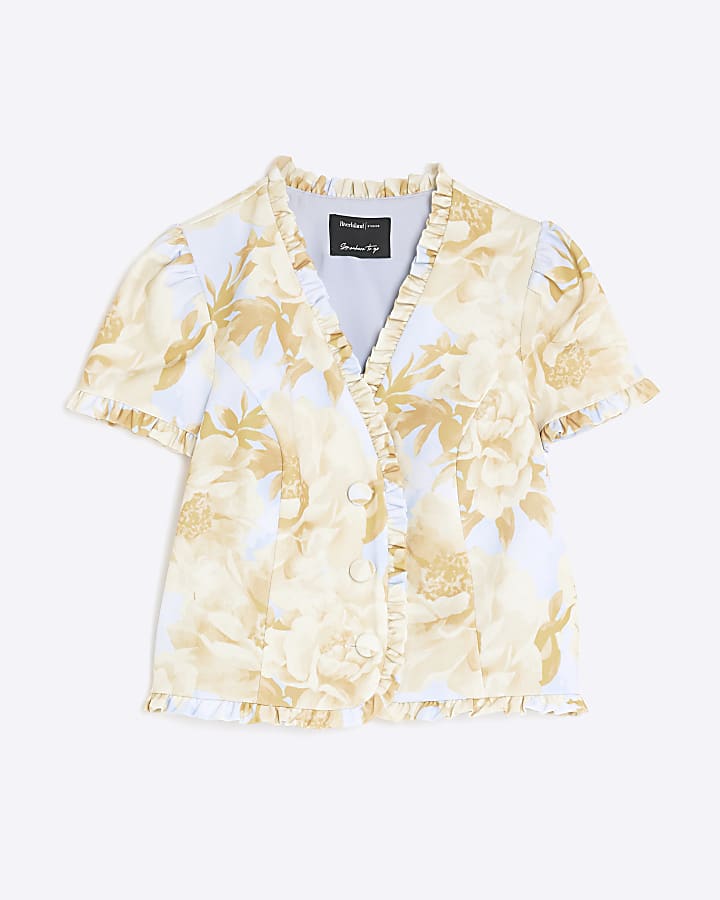 Blue Floral Frill Tailored Short Sleeve Top