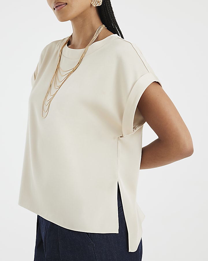 Beige Satin Short Sleeve Turn Up Cuff T-shirt