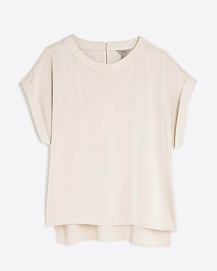 Beige Satin Short Sleeve Turn Up Cuff T-shirt