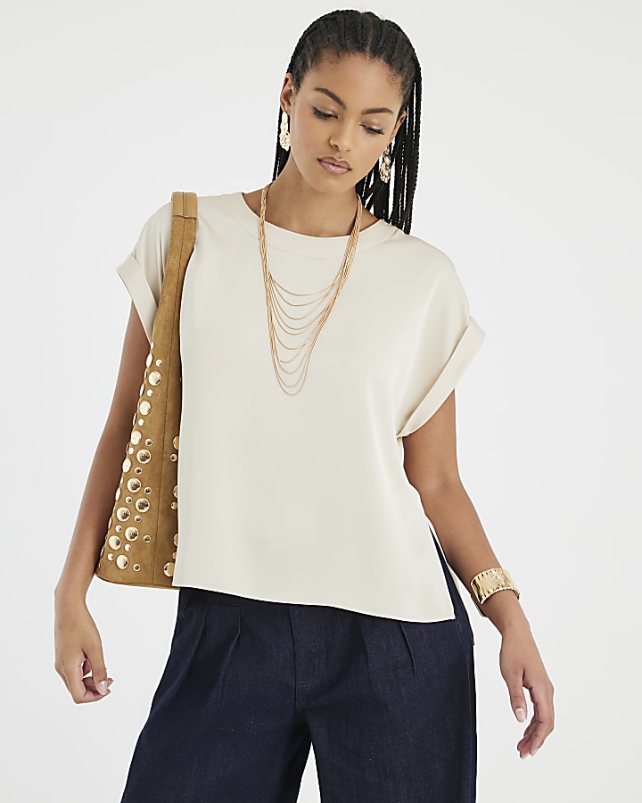 Beige Satin Short Sleeve Turn Up Cuff T-shirt
