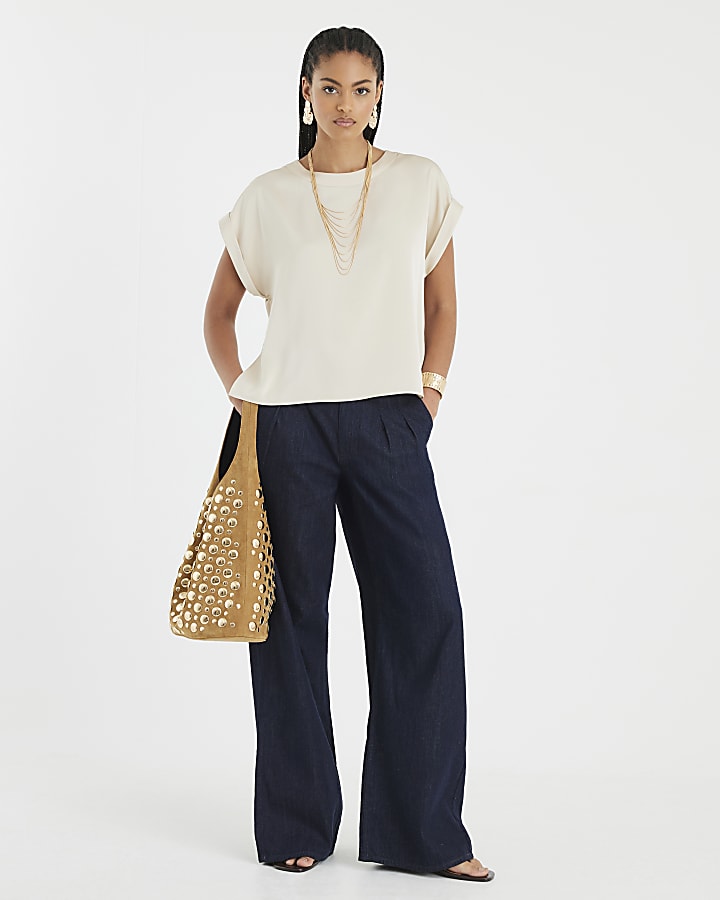 Beige Satin Short Sleeve Turn Up Cuff T-shirt