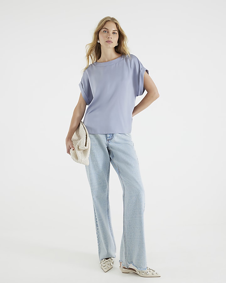 Blue Satin Turn Back Cuff T-Shirt