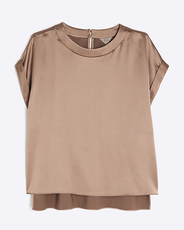 Brown Satin Turn Back Cuff T-Shirt