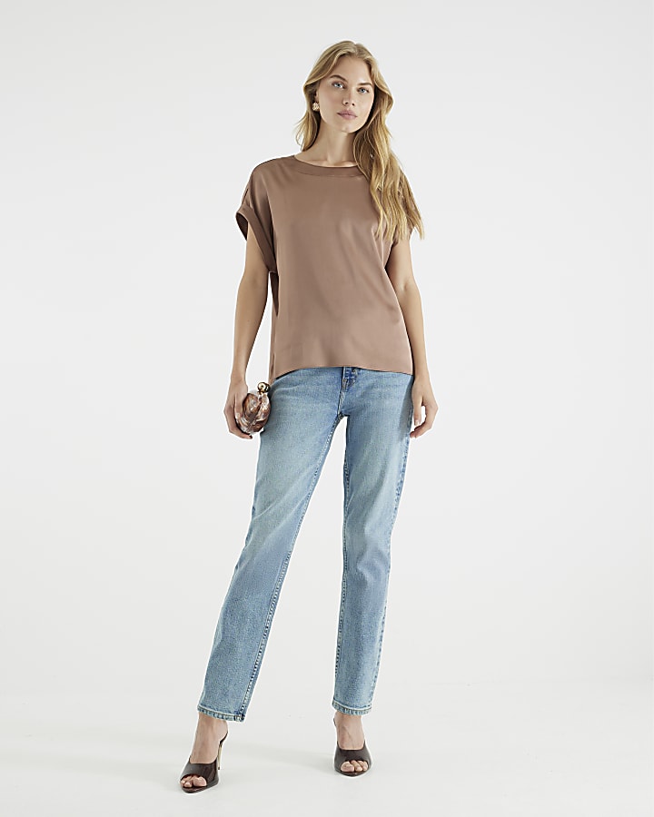 Brown Satin Turn Back Cuff T-Shirt