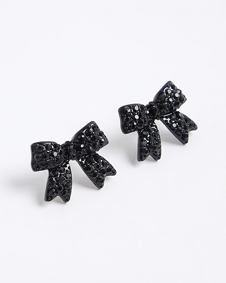Black diamante Bow Stud earrings