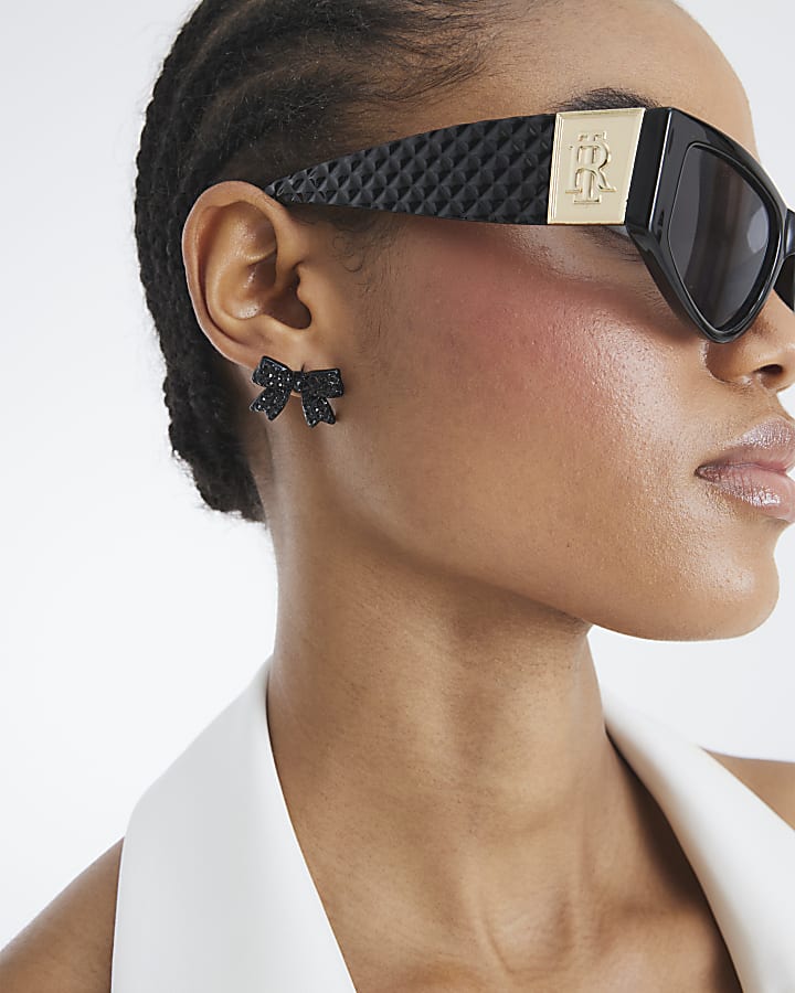 Black diamante Bow Stud earrings