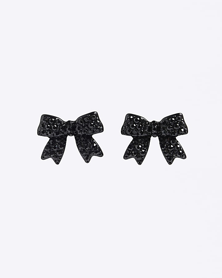 Black diamante Bow Stud earrings