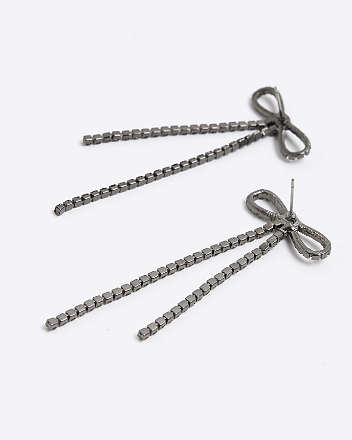 Black diamante bow drop earrings