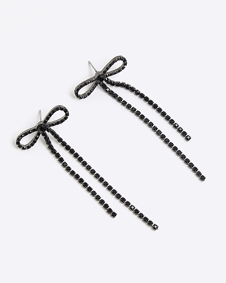 Black diamante bow drop earrings