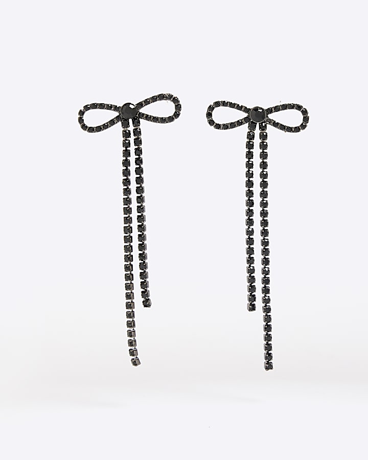 Black diamante bow drop earrings