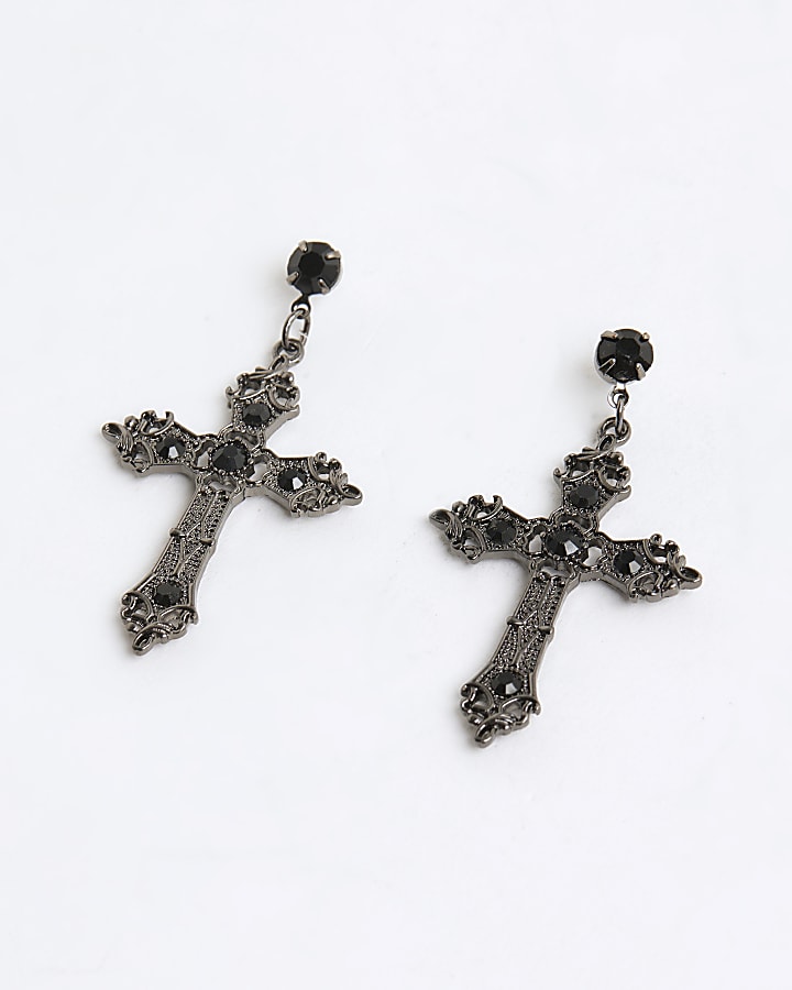 Black diamante gothic Cross drop earrings