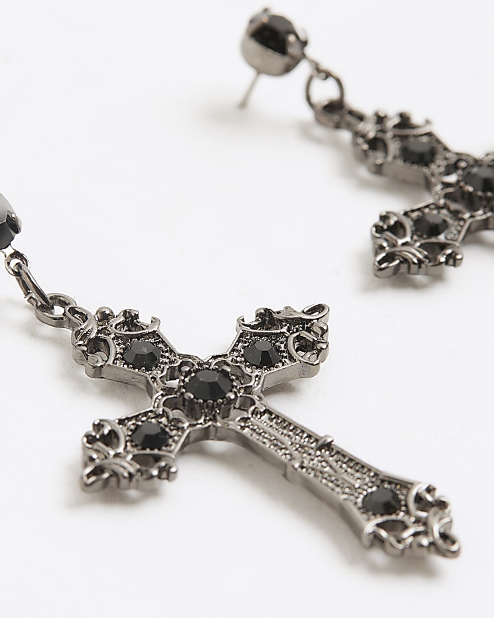 Black diamante gothic Cross drop earrings