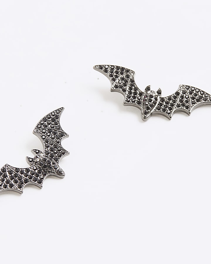 Black diamante bat stud earrings