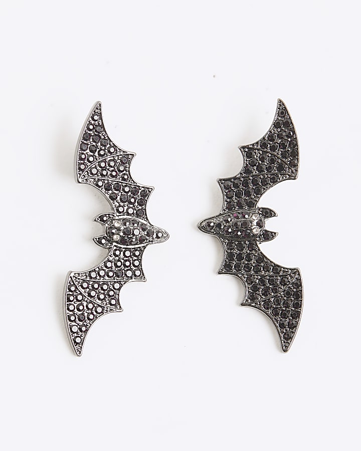 Black diamante bat stud earrings