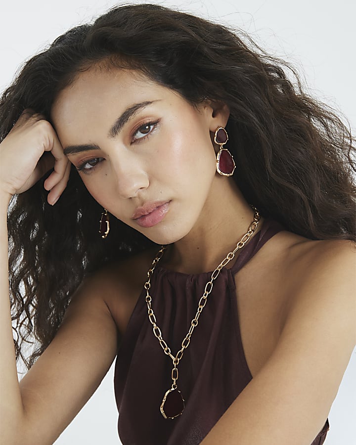 Red Stone Drop Earrings