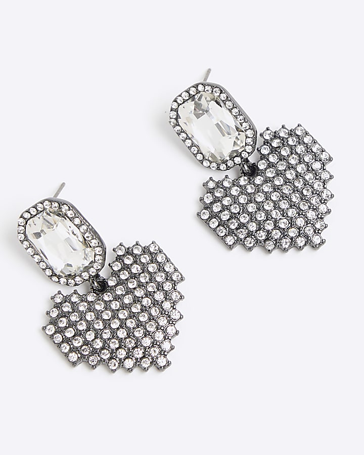 Silver Gunmetal Heart Drop Earrings
