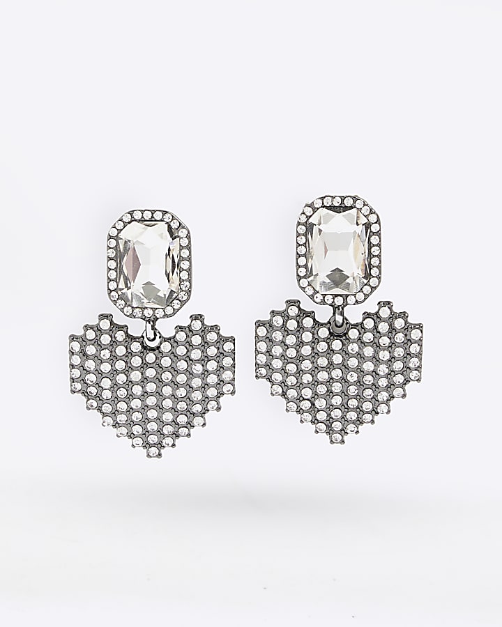 Silver Gunmetal Heart Drop Earrings