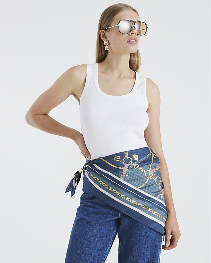Blue Satin Chain Print Scarf With Ring