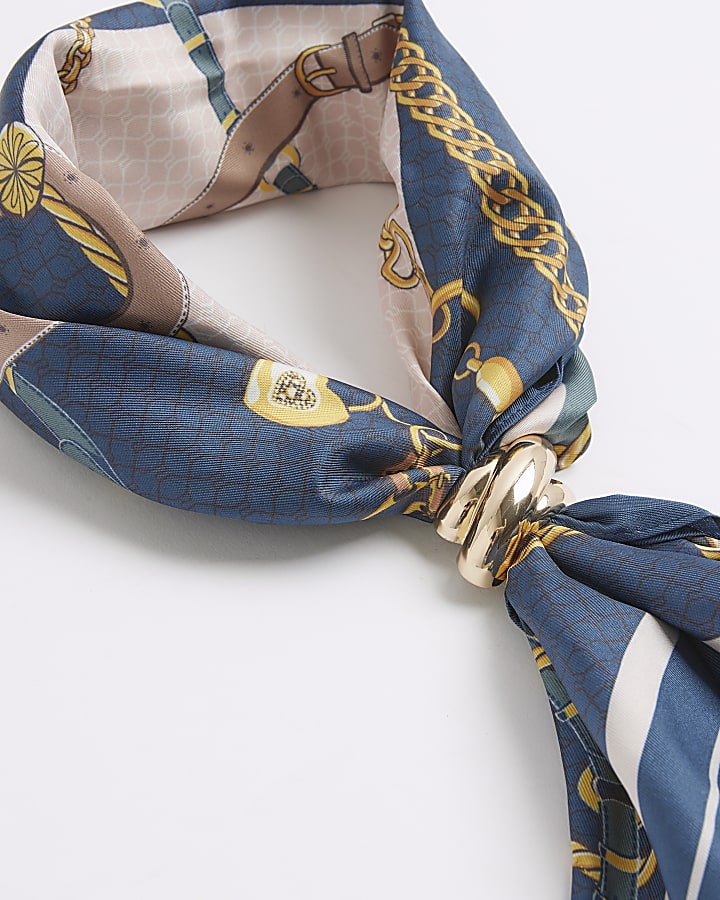 Blue Satin Chain Print Scarf With Ring