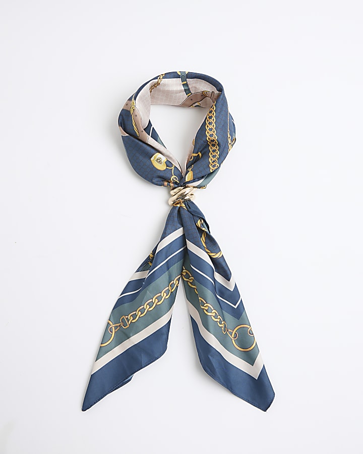 Blue Satin Chain Print Scarf With Ring