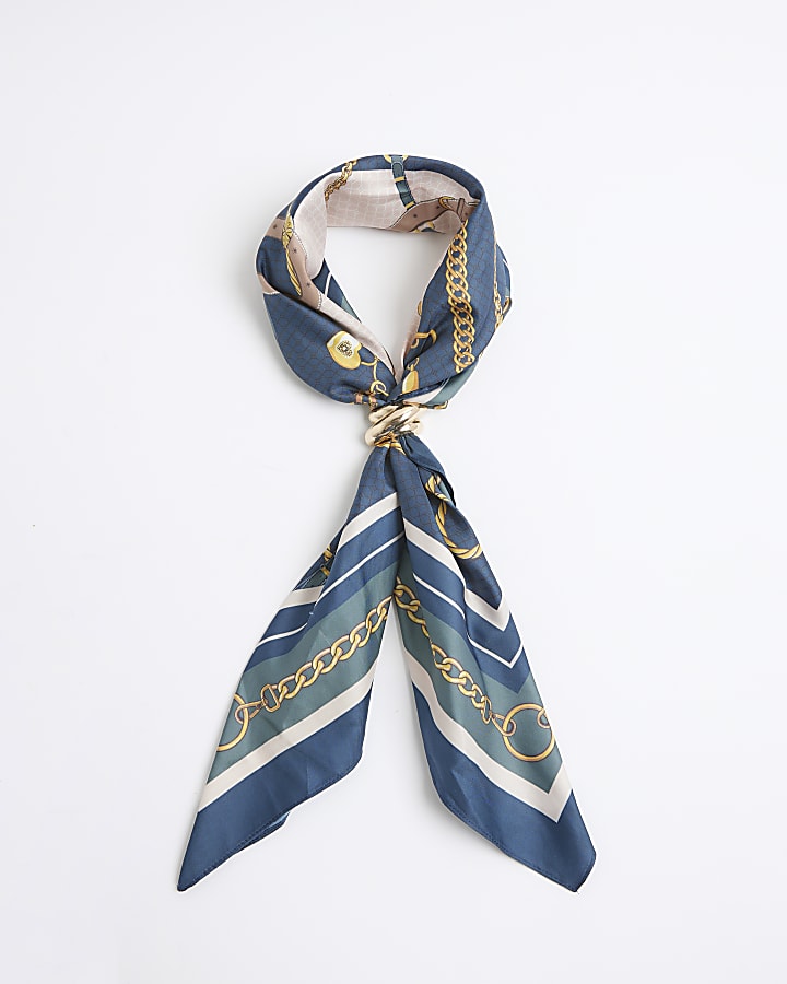 Blue Satin Chain Print Scarf With Ring