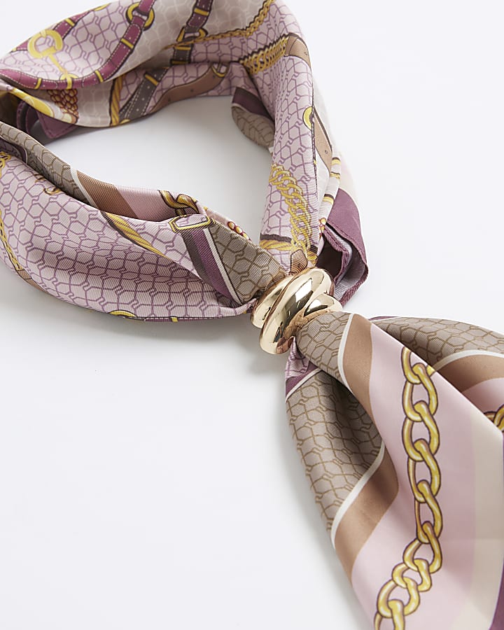 Pink Satin Chain Print Scarf With Ring