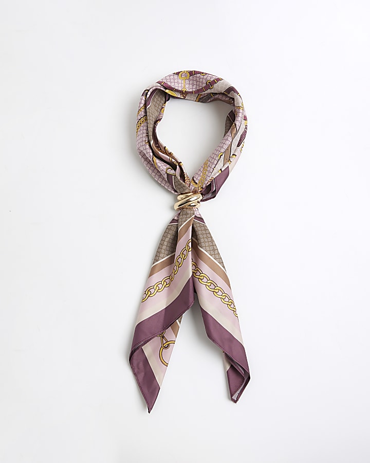 Pink Satin Chain Print Scarf With Ring