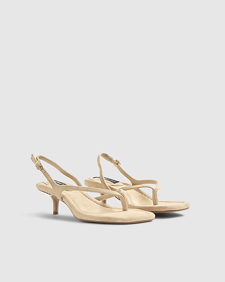 Beige Suede Toe Thong Heeled Sandals