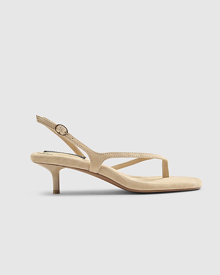 Beige Suede Toe Thong Heeled Sandals