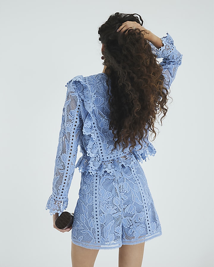 Blue Lace Embroidered Shorts