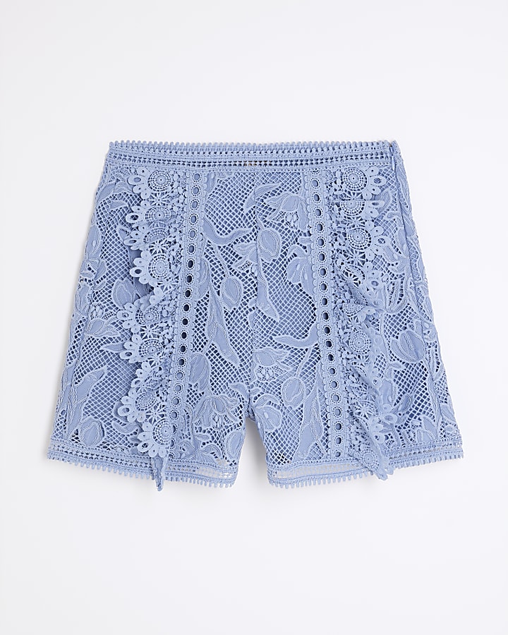 Blue Lace Embroidered Shorts