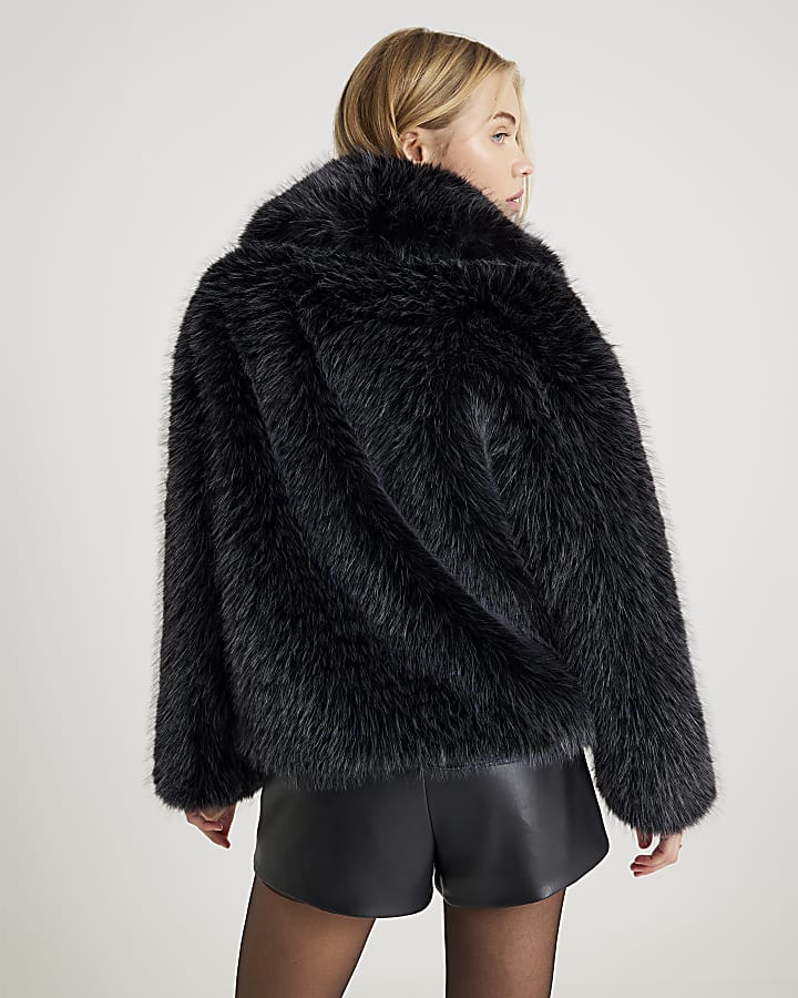 Black Collared Faux Fur Coat