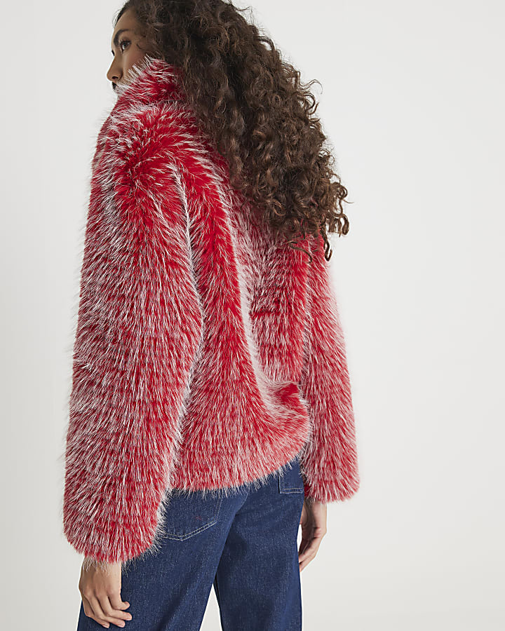 Red Collared Faux Fur coat