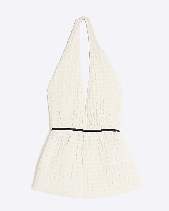 Cream Sleeveless Textured Halter Neck Top