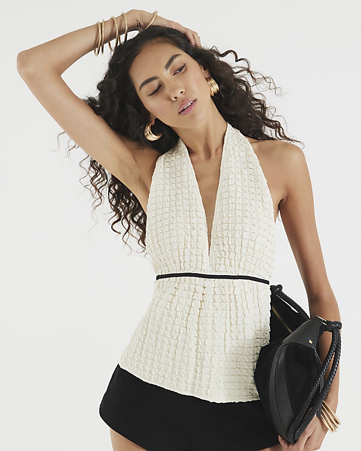 Cream Sleeveless Textured Halter Neck Top
