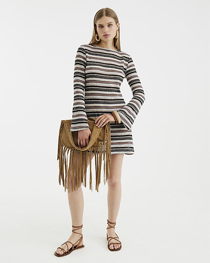 Beige Long Sleeve Stripe Mini Dress
