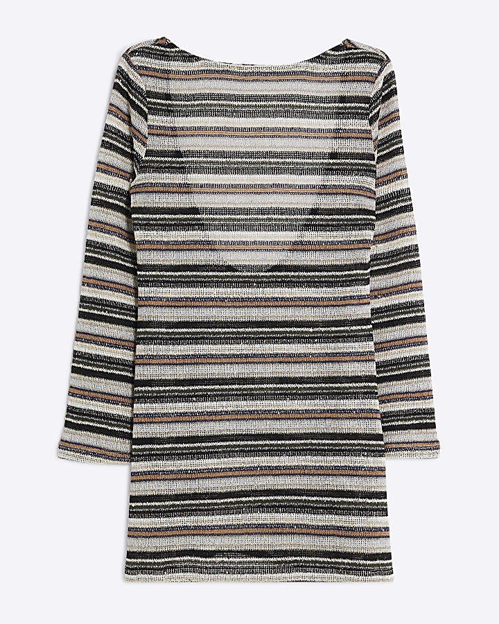 Beige Long Sleeve Stripe Mini Dress